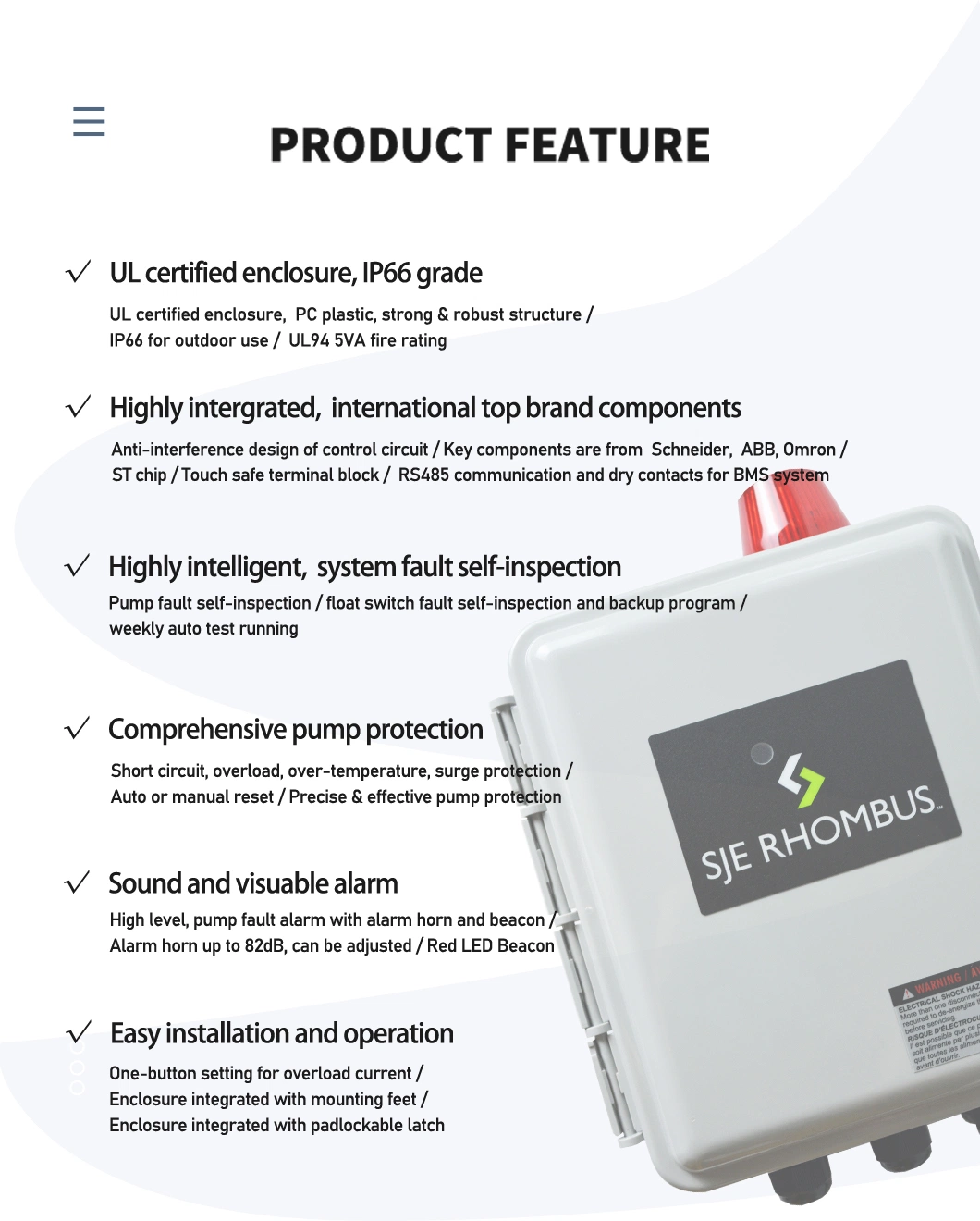 High Quality Pump Controller, with Sound & Visual Alarm, 24 Hr Real-Time Monitoring, RS485 Communication, IP66 Rate, UL Certified.